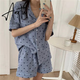 Lovely Heart Print Summer Pajamas Set Women Single Breasted Shirts + Shorts Set Two Piece Home Suit Cotton Sweet Kawaii Aiertu