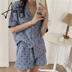 Lovely Heart Print Summer Pajamas Set Women Single Breasted Shirts + Shorts Set Two Piece Home Suit Cotton Sweet Kawaii Aiertu