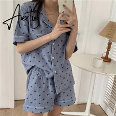 Lovely Heart Print Summer Pajamas Set Women Single Breasted Shirts + Shorts Set Two Piece Home Suit Cotton Sweet Kawaii Aiertu