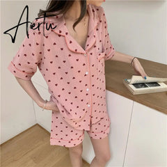 Lovely Heart Print Summer Pajamas Set Women Single Breasted Shirts + Shorts Set Two Piece Home Suit Cotton Sweet Kawaii Aiertu