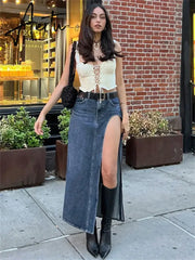 Low Waist Sexy High Split Denim Skirts Women Midi Slim Micro Long Skirt y2k Retro Blue 2023 Summer Presale Streetwear Aiertu