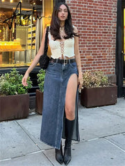 Low Waist Sexy High Split Denim Skirts Women Midi Slim Micro Long Skirt y2k Retro Blue 2023 Summer Presale Streetwear Aiertu