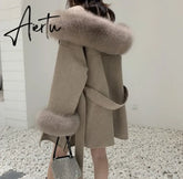 Luxury famous Real Cashmere wool & blends Coat Women"s winter women's cold coat With Natural Fox Fur collar abrigos mujer Aiertu