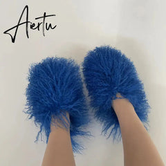 Luxury Fur Slippers Women Round Toe Mongolian Fur Slides Woman Shoes Women Flat Half Slippers Aiertu