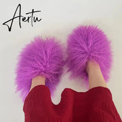 Luxury Fur Slippers Women Round Toe Mongolian Fur Slides Woman Shoes Women Flat Half Slippers Aiertu