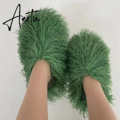 Luxury Fur Slippers Women Round Toe Mongolian Fur Slides Woman Shoes Women Flat Half Slippers Aiertu
