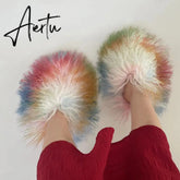 Luxury Fur Slippers Women Round Toe Mongolian Fur Slides Woman Shoes Women Flat Half Slippers Aiertu