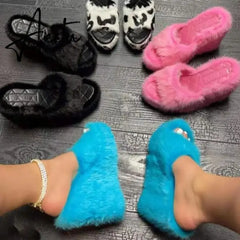 Luxury new women feminine high-heeled fur drag outdoor all-match shoes slippers round head wedges with mink fur ms slippers Aiertu