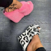 Luxury new women feminine high-heeled fur drag outdoor all-match shoes slippers round head wedges with mink fur ms slippers Aiertu