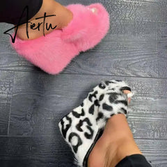 Luxury new women feminine high-heeled fur drag outdoor all-match shoes slippers round head wedges with mink fur ms slippers Aiertu