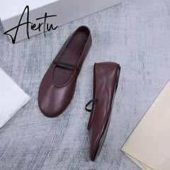 Mary Jane Comfortable Ballet flats Leather Black Slip Shoes For Women Shoes Red High Quality Shoes Woman Size 43 Aiertu