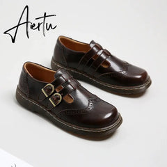 Mary Jane Shoes Summer Thin Section Japanese Double Buckle New Low-cut Flat Round Toe Small Leather Shoes Women Aiertu