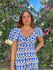 Maxi Summer Dress for Women Puff Sleeve Floral Boho Long Beach Fashion Vestidos A-line Holiday New In Dress Aiertu