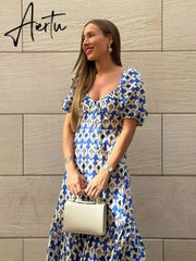 Maxi Summer Dress for Women Puff Sleeve Floral Boho Long Beach Fashion Vestidos A-line Holiday New In Dress Aiertu