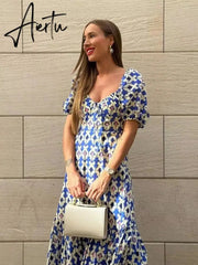 Maxi Summer Dress for Women Puff Sleeve Floral Boho Long Beach Fashion Vestidos A-line Holiday New In Dress Aiertu