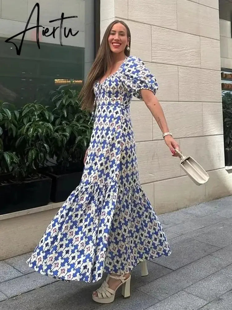Maxi Summer Dress for Women Puff Sleeve Floral Boho Long Beach Fashion Vestidos A-line Holiday New In Dress Aiertu