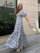 Maxi Summer Dress for Women Puff Sleeve Floral Boho Long Beach Fashion Vestidos A-line Holiday New In Dress Aiertu