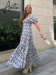 Maxi Summer Dress for Women Puff Sleeve Floral Boho Long Beach Fashion Vestidos A-line Holiday New In Dress Aiertu