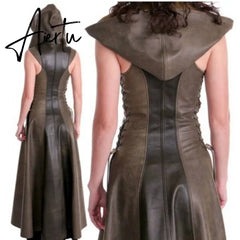 Medieval Retro Women Dress Halloween Carnival Cosplay Costume Hooded Lunch Break Vintage Long Leather Witch Skirt Summer New Aiertu