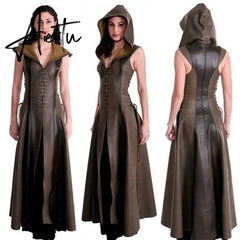Medieval Retro Women Dress Halloween Carnival Cosplay Costume Hooded Lunch Break Vintage Long Leather Witch Skirt Summer New Aiertu