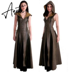 Medieval Retro Women Dress Halloween Carnival Cosplay Costume Hooded Lunch Break Vintage Long Leather Witch Skirt Summer New Aiertu