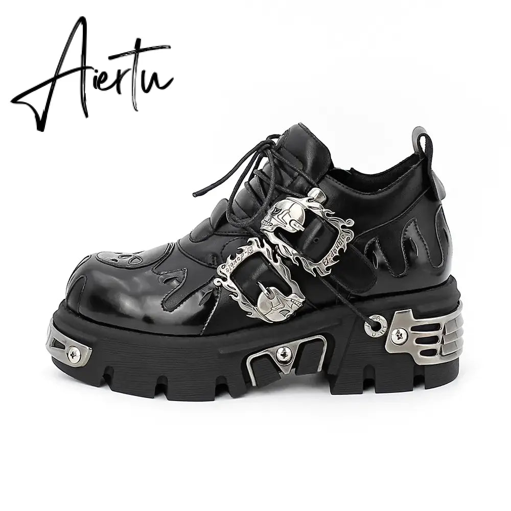 Men and Women Vintage Rock Couple Shoes New Dark Punk Leather Retro Boots Metal Niche Design Unisex Single Platform Shoes Aiertu