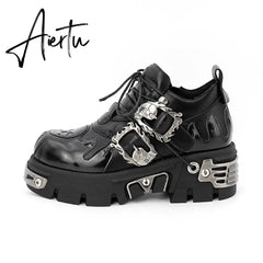 Men and Women Vintage Rock Couple Shoes New Dark Punk Leather Retro Boots Metal Niche Design Unisex Single Platform Shoes Aiertu