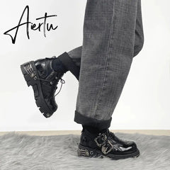 Men and Women Vintage Rock Couple Shoes New Dark Punk Leather Retro Boots Metal Niche Design Unisex Single Platform Shoes Aiertu