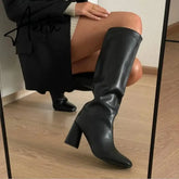 Meotina Women Genuine Leather Knee High Boots Square Toe Chunky High Heels Zipper Long Boots Lady Fashion Shoes Autumn Winter 43 Aiertu