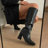 Meotina Women Genuine Leather Knee High Boots Square Toe Chunky High Heels Zipper Long Boots Lady Fashion Shoes Autumn Winter 43 Aiertu