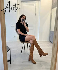Meotina Women Genuine Leather Knee High Boots Square Toe Chunky High Heels Zipper Long Boots Lady Fashion Shoes Autumn Winter 43 Aiertu