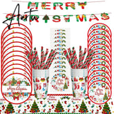 Merry Christmas Disposable Tableware Xmas Butterfly Lattice Disposable Paper Cup Plates Banner for Christmas Party Decoration Aiertu