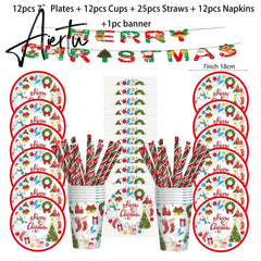Merry Christmas Disposable Tableware Xmas Butterfly Lattice Disposable Paper Cup Plates Banner for Christmas Party Decoration Aiertu