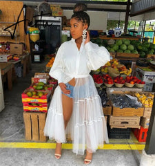 Mesh Patchwork White Shirt Dress Fall Clothes for Women Button-up Lantern Sleeve Long Dress Streetwear Night Club Party Dresses Aiertu