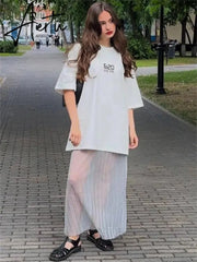 Mesh Pleated See-Through Long Skirt For Women Sheer Sexy Hollow Out Holiday Beach Skirt Female High Waist Y2k Maxi Skirt Aiertu