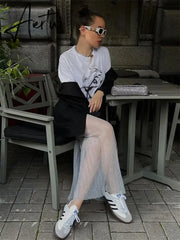 Mesh Pleated See-Through Long Skirt For Women Sheer Sexy Hollow Out Holiday Beach Skirt Female High Waist Y2k Maxi Skirt Aiertu