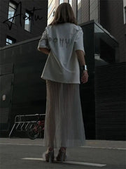 Mesh Pleated See-Through Long Skirt For Women Sheer Sexy Hollow Out Holiday Beach Skirt Female High Waist Y2k Maxi Skirt Aiertu