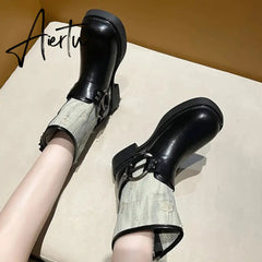Metal Decor Chunky Platform Ankle Boots Women 2023 Autumn Patchwork Thick Bottom Motorcycle Boots Woman Pu Leather Short Booties Aiertu