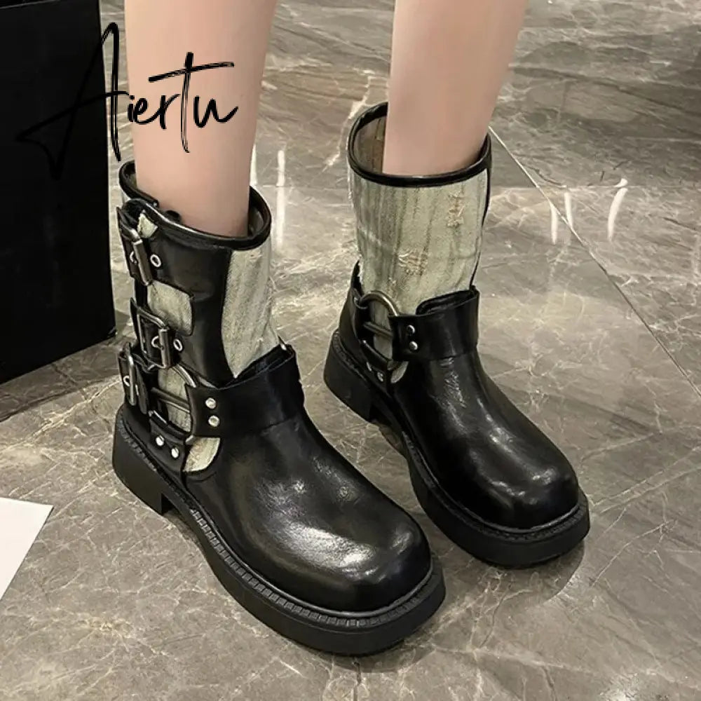 Metal Decor Chunky Platform Ankle Boots Women 2023 Autumn Patchwork Thick Bottom Motorcycle Boots Woman Pu Leather Short Booties Aiertu
