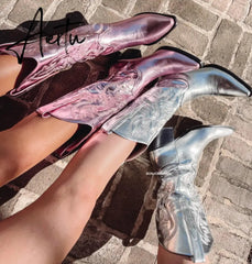 Metallic Cowboy Boots Pink Western Cowgirls Boots For Women Pointed Toe Stacked Heeled Mid Calf Brand Design Embroideried Shoes Aiertu