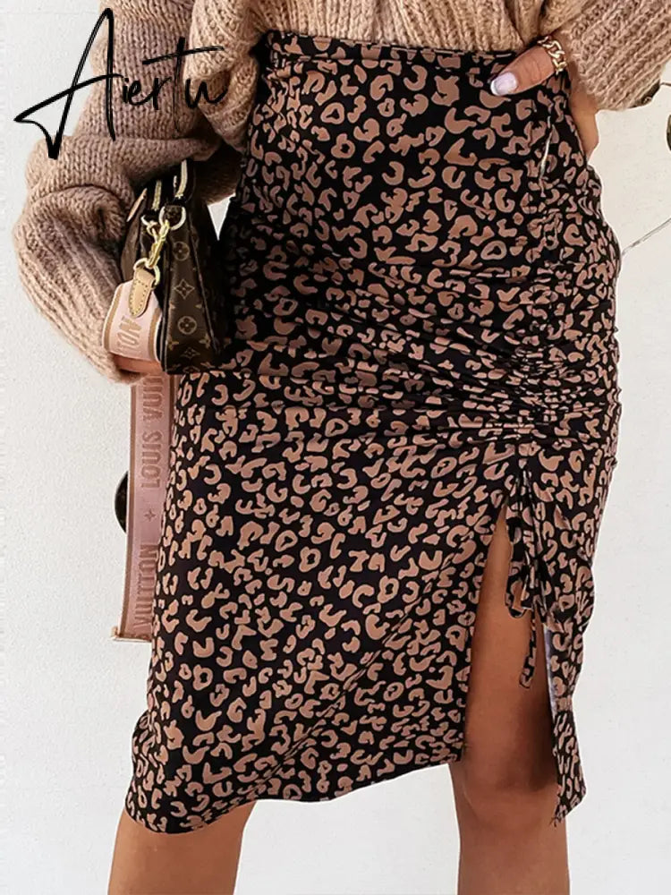 Midi Skirt Women Leopard Spring Lace Up Slit Bodycon High Waist Drawstring Printed Sexy Skirt Casual Office Female Skirt Aiertu