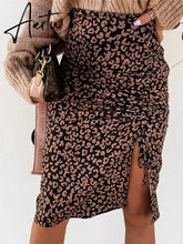 Midi Skirt Women Leopard Spring Lace Up Slit Bodycon High Waist Drawstring Printed Sexy Skirt Casual Office Female Skirt Aiertu