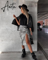 Midi Skirt Women Leopard Spring Lace Up Slit Bodycon High Waist Drawstring Printed Sexy Skirt Casual Office Female Skirt Aiertu