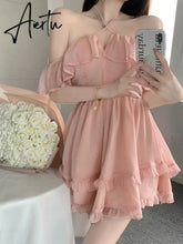 Mini Fairy Dress Lace-up Halter A-line Off Shoulder Pink Ruffle Chiffon Fluffy Dress Summer Women Dresses Beachwear Clothi Aiertu
