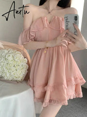 Mini Fairy Dress Lace-up Halter A-line Off Shoulder Pink Ruffle Chiffon Fluffy Dress Summer Women Dresses Beachwear Clothi Aiertu