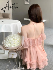 Mini Fairy Dress Lace-up Halter A-line Off Shoulder Pink Ruffle Chiffon Fluffy Dress Summer Women Dresses Beachwear Clothi Aiertu