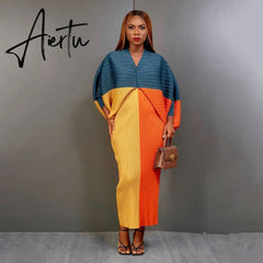 Miyake Pleated Lantern Bat Sleeve Autumn/Winter New Temperament Stitching V-Neck Fashion Loose Dress Vestidos Fiesta Daifa Aiertu