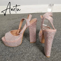 Moraima Snc Peep Toe Thick Heels Woman Sandal Rhinestones Ankle Strap Platform Shoes Sexy Chunk Heels Party Wedding Heels Aiertu