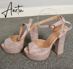 Moraima Snc Peep Toe Thick Heels Woman Sandal Rhinestones Ankle Strap Platform Shoes Sexy Chunk Heels Party Wedding Heels Aiertu