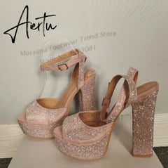 Moraima Snc Peep Toe Thick Heels Woman Sandal Rhinestones Ankle Strap Platform Shoes Sexy Chunk Heels Party Wedding Heels Aiertu